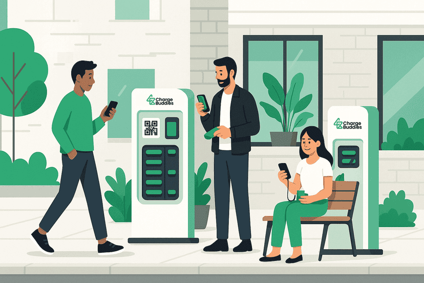 Gebruikers die een powerbank pakken bij een ChargeBuddies-station